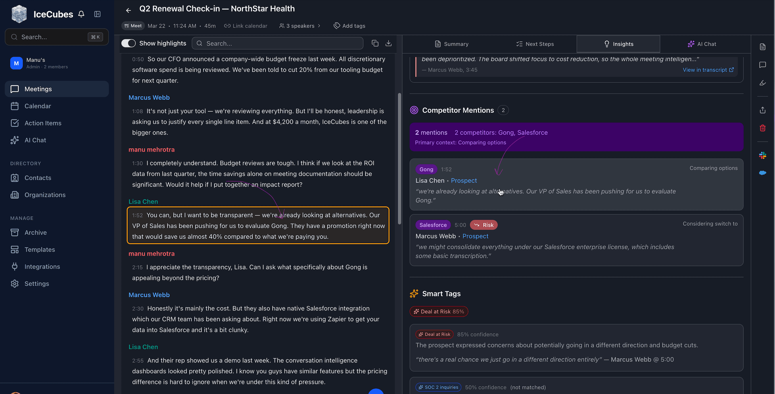 Competitor Mentions showing 2 mentions of Gong and Salesforce with context analysis, speaker attribution, and risk levels