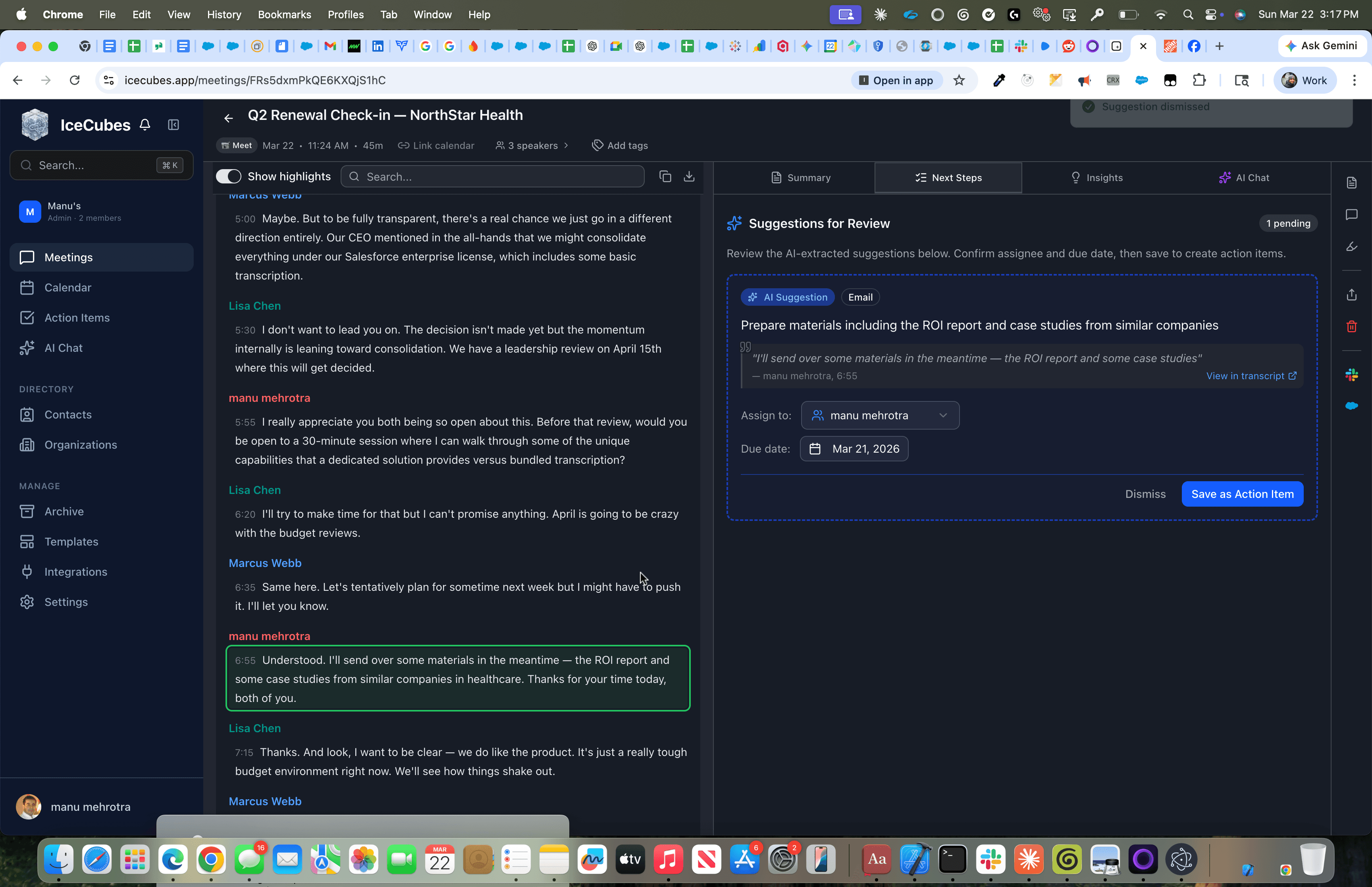 Next Steps suggestions showing an AI-extracted action item with assignee, due date, and transcript quote