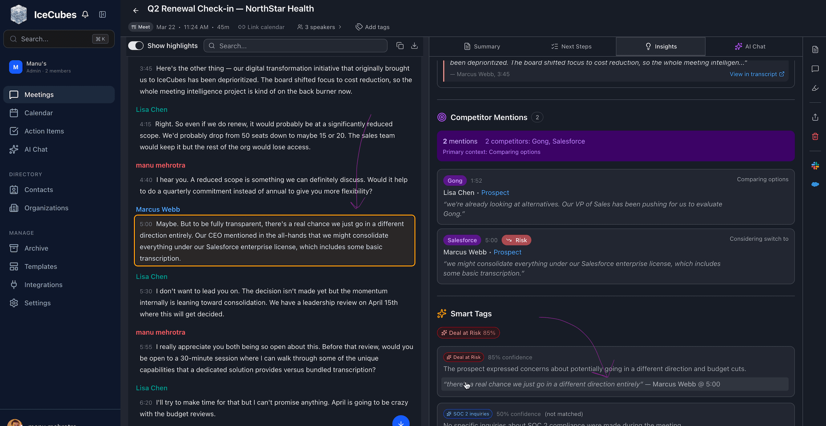 Smart Tags showing Deal at Risk at 85% confidence with evidence quote from the transcript