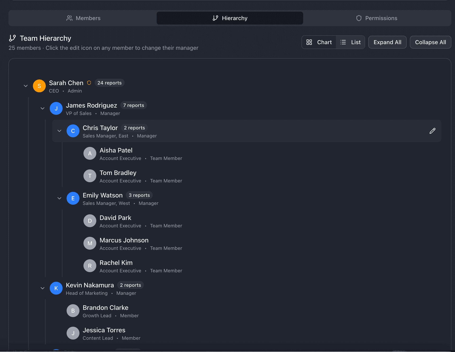 Team Hierarchy in list view showing Sarah Chen (CEO) at the top with VPs, managers, and team members expanded below