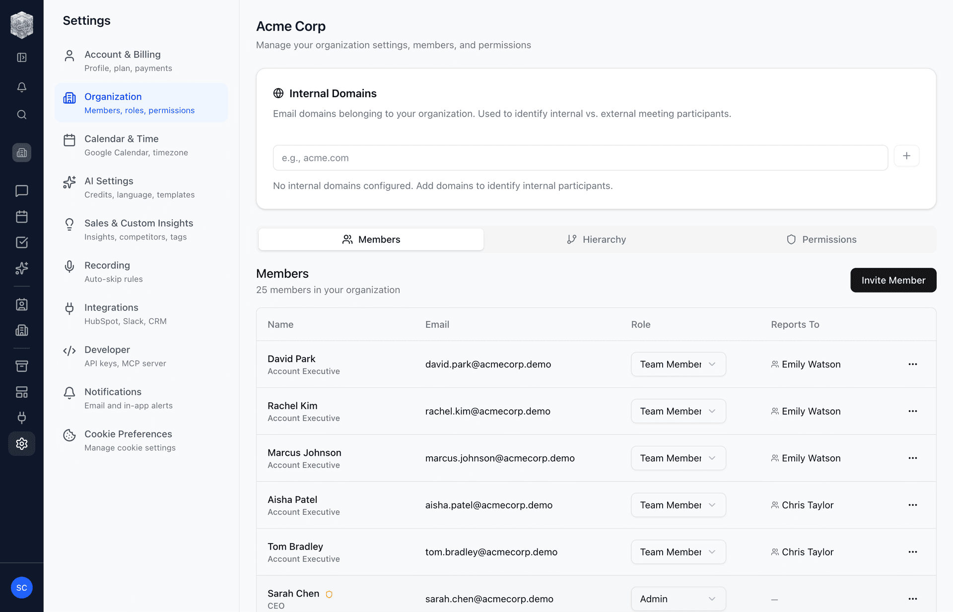 Organization members list showing team members with their roles (Team Member, Admin, Manager) and Reports To assignments