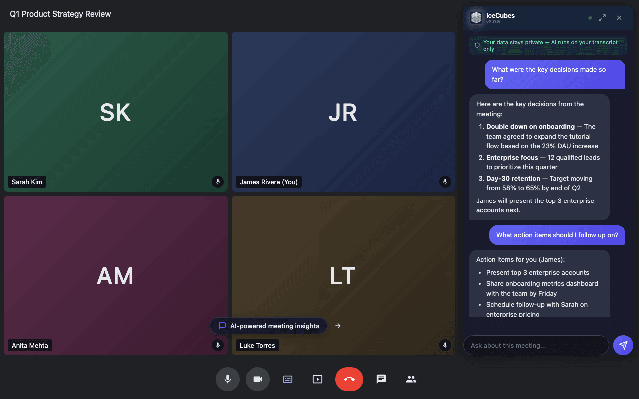 IceCubes AI chat in the extension showing a question and AI response with key decisions and action items