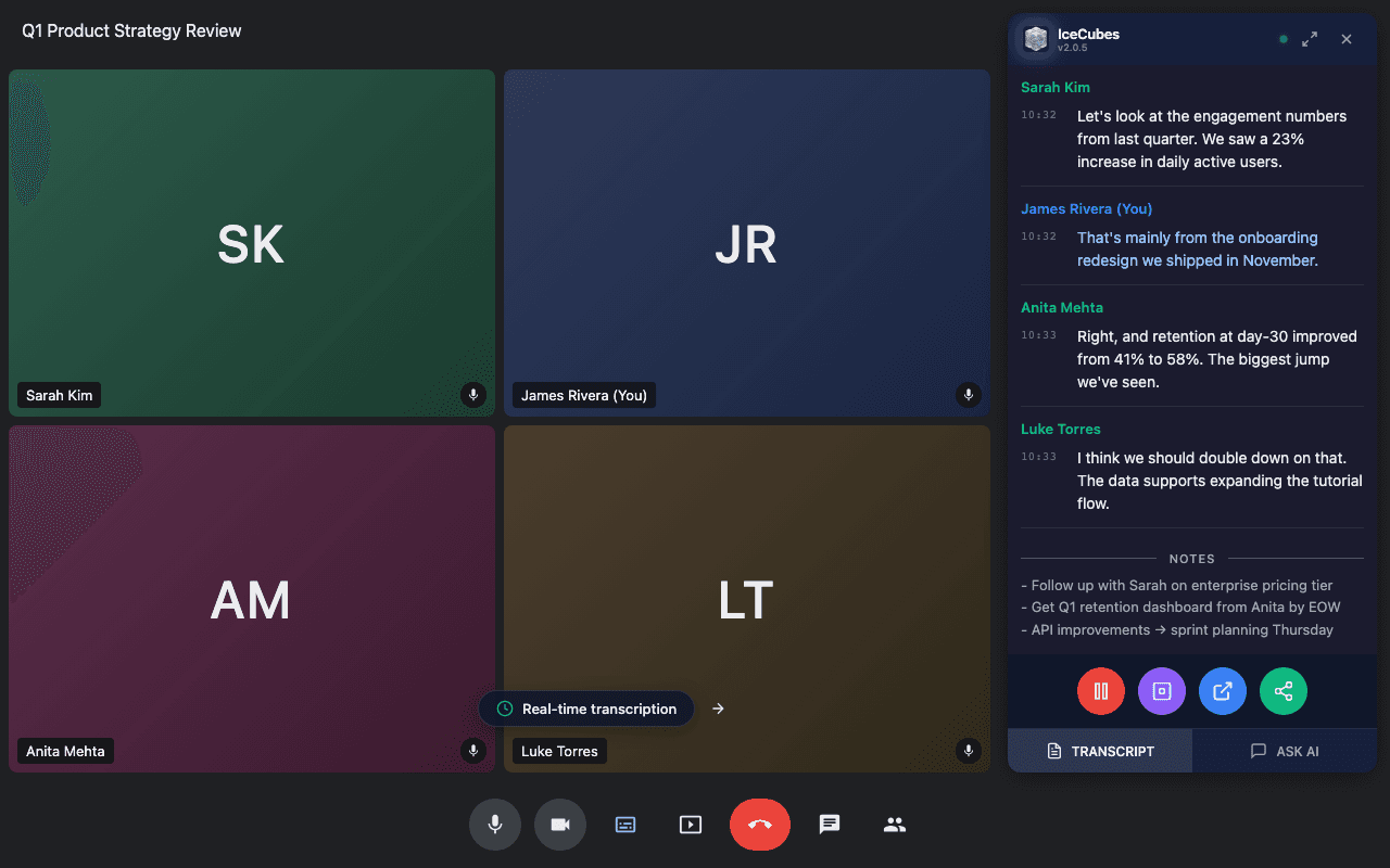 IceCubes live transcript sidebar showing speaker-identified conversation during a Google Meet call